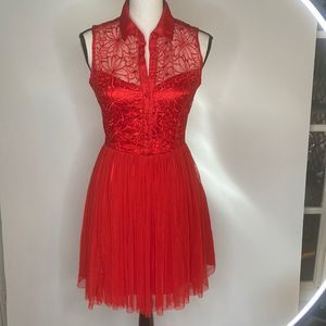 Say What? Dress Red Sleeveless Lace Stain Chiffon Fit and Flair Holiday Dress